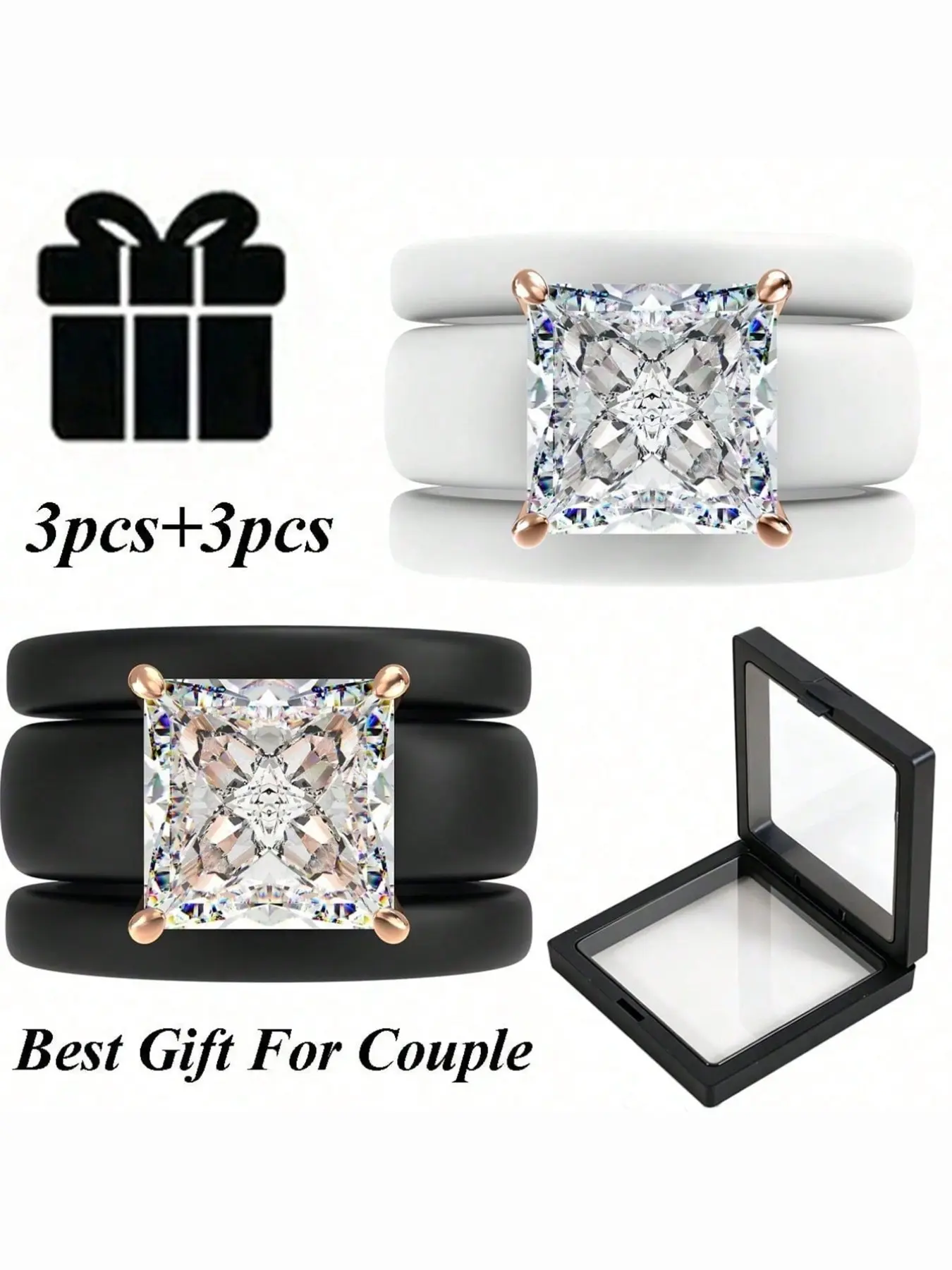 6 Pairs Couple Princess Square Cz Silicone Ring Set, 3 + 3 Cubic Zirconia Stackable Promise Rings, Wedding Engagement Jewelry Gift
