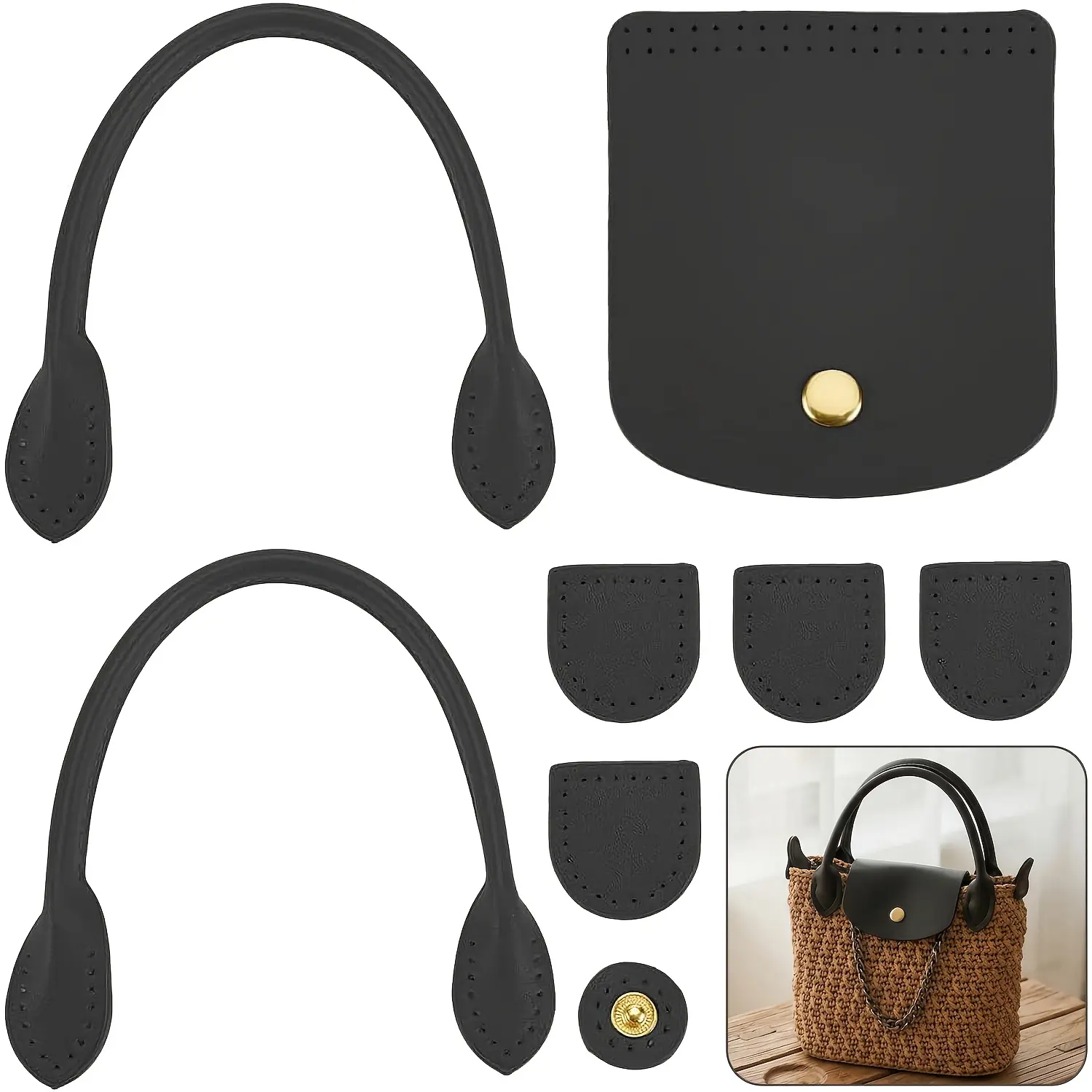 8Pcs PU Leather Handbag Knitting Kits, DIY Crochet Bag Making Accessories Including Sew on Handles,Snap Button and Cover Handmade Craft, Craft Supplies