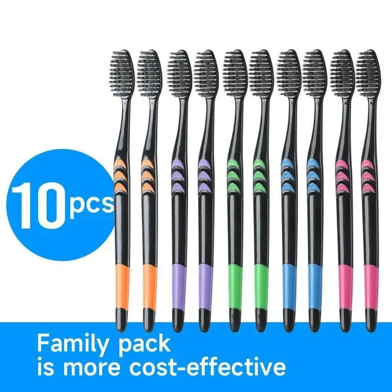10-Pack Bamboo Charcoal Soft Bristle Manual Toothbrush Set, Non-Slip Colored Handle, Gentle Deep Cleaning, Family Oral Care Brush