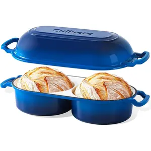 Cast Iron Bread Pan with Lid Mini Enamel Sourdough Baking Dutch Oven for Homemade Bread Cake Meatloaf 16.5cm Diameter 500°F Oven Safe Non Stick Blue