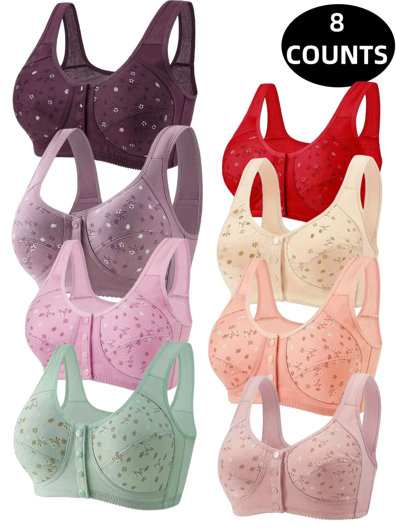 8-Pack Wireless Push-Up Bras, Seamless Comfort Fit, Daily Wear Underwire-Free Bra, Breathable Soft Fabric, Full Day Support