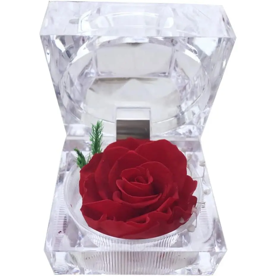 Preserved Rose Real Forever Rose in Mini Clear Ring Box, Eternal Flower Gifts for Women Mom Girlfriend Grandma,  Day, Anniversary, Valentines, Christmas, Birthday (red)