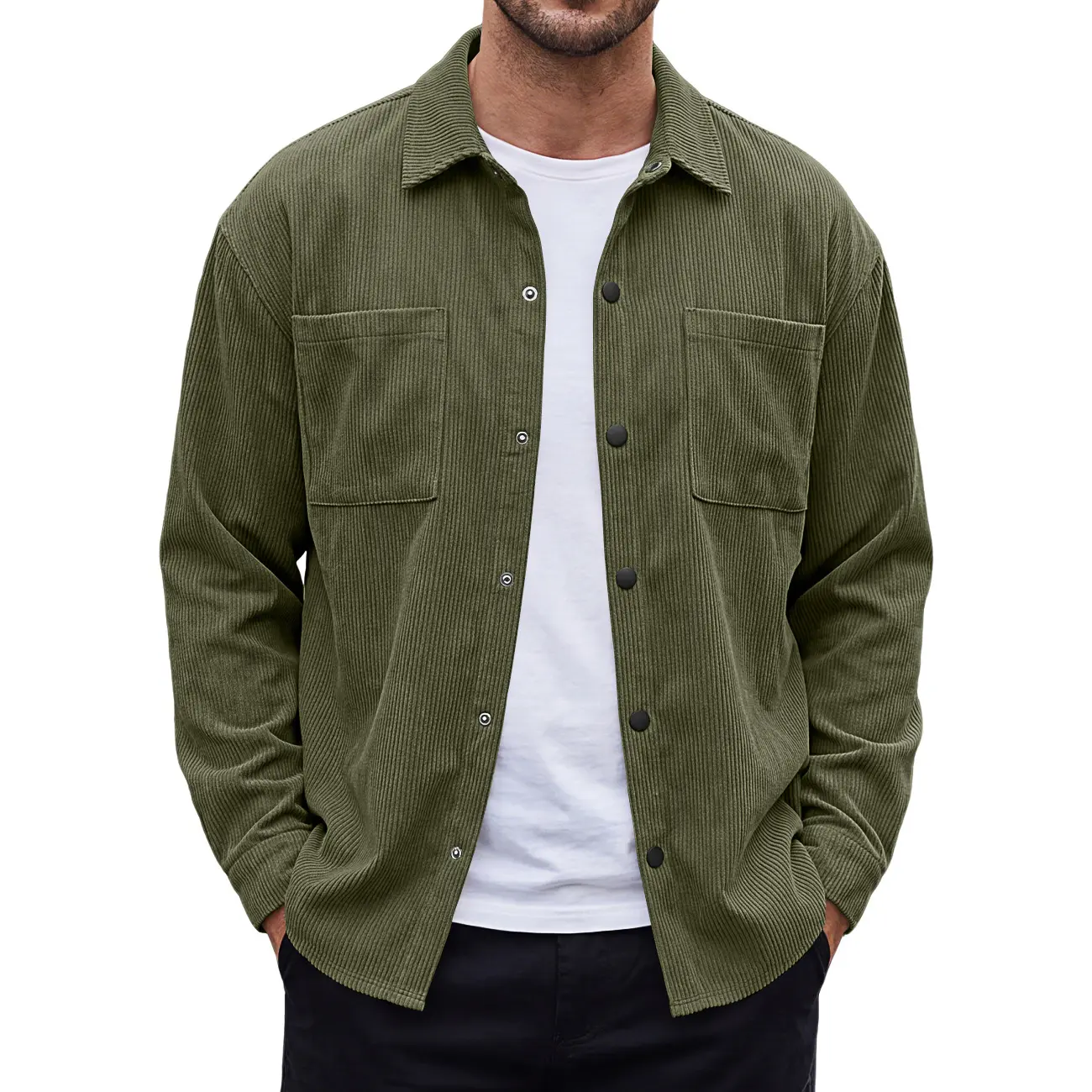 Men’s Corduroy Button-Up Shirt Jacket, Long Sleeve Overshirt with Dual Chest Pockets, Casual Layering Shacket for Fall Winter, Work, Travel, Weekend & Everyday Streetwear