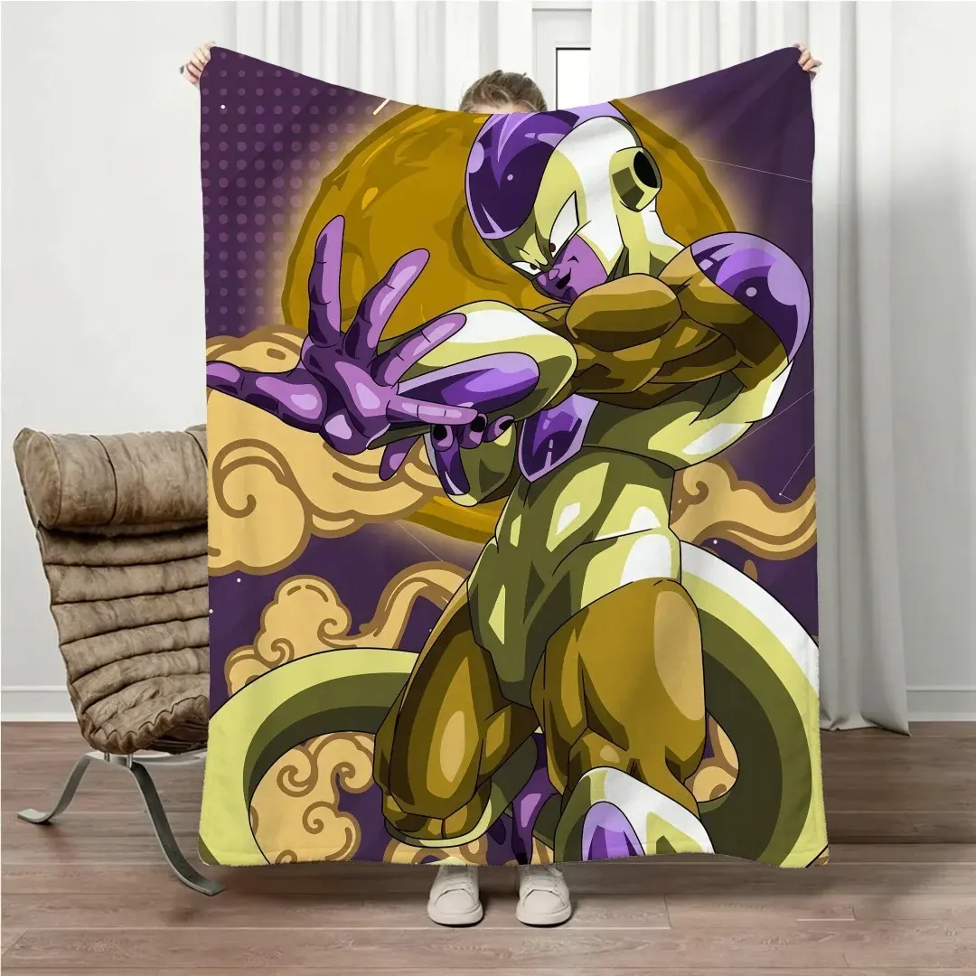 Dragon Ball Z Flannel Cotton Throw Blanket - Anime Print, Anti-Fade Soft, Multi-Size, 1-Piece, Golden Frieza Fighting Pose, Purple Polka Dot Background, Golden Moon Clouds, Sofa Bedroom Decor Gift for Otaku Fans