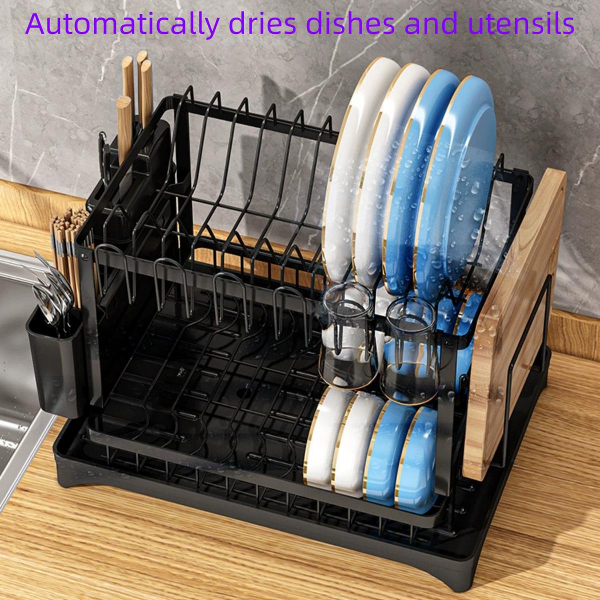 CookSide Dish Drying Rack, 1 Count 2-Tier Dish Rack With Drainboard, Dish Drainer Rack, 2-layer Foldable Tableware Drain Storage Rack, Kitchen Accessories, Home Decor Cutlery Metal Aesthetic Reusable Plastic