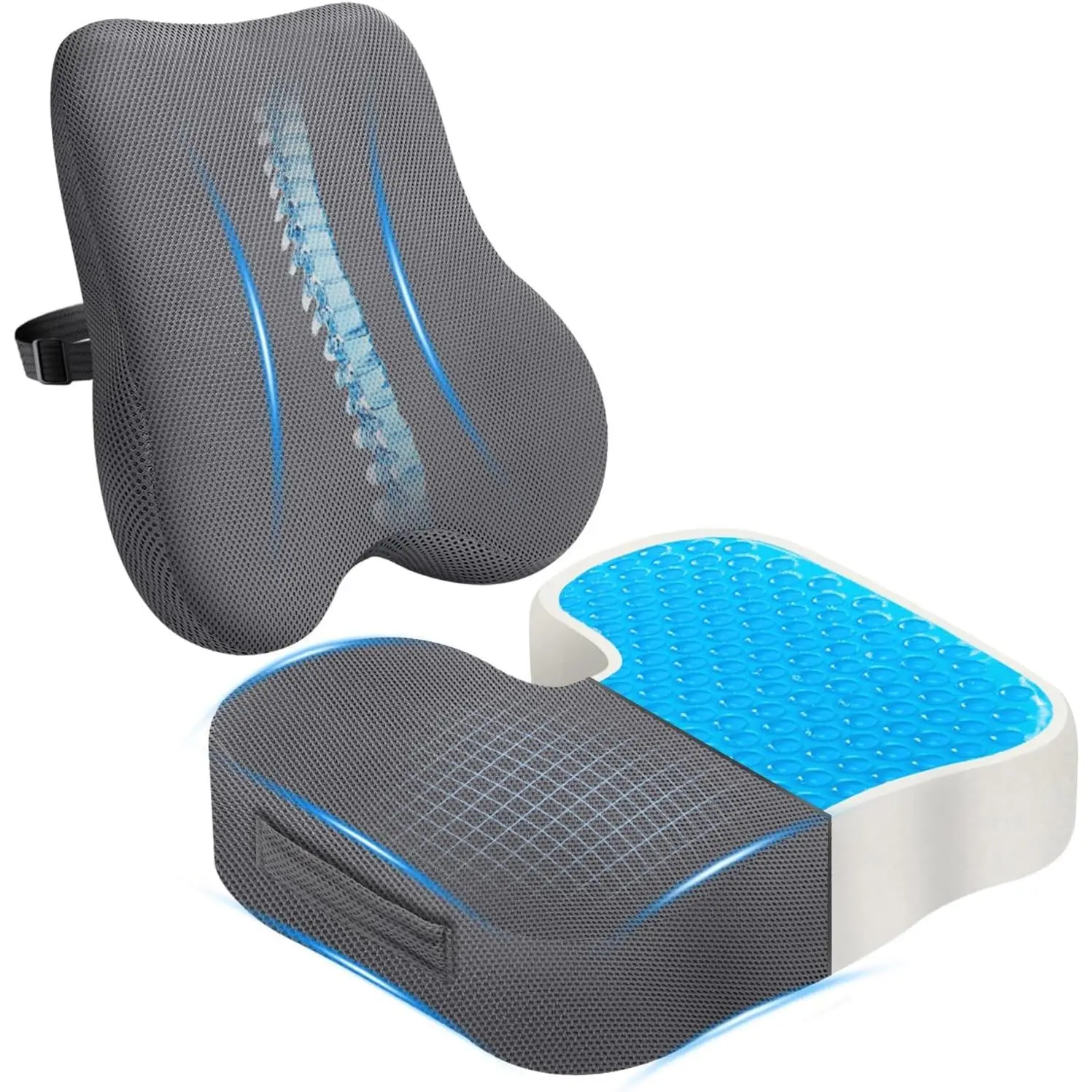 Cooling Gel Memory Foam Seat Cushion & Lumbar Support Pillow Set, Ergonomic Coccyx & Sciatica Pain Relief with Breathable Mesh Cover for Office Chair, Car, Wheelchair, Home (Grey)Gift