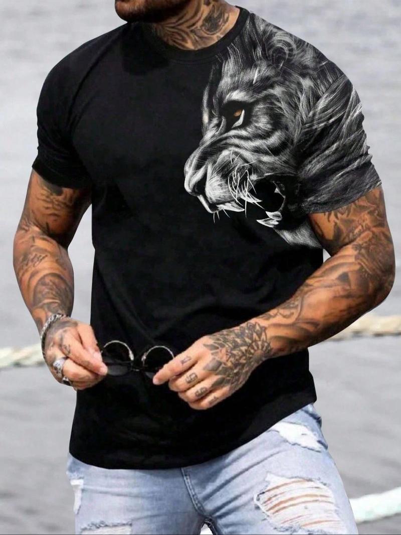 Men's Lion Print Round Neck Tee, Loose Casual Short Sleeve Crew Neck T-shirt for Summer, Fashion Men's Top for Daily Wear, Gym Shirts, Athletic Crew Neck, Gym Tees