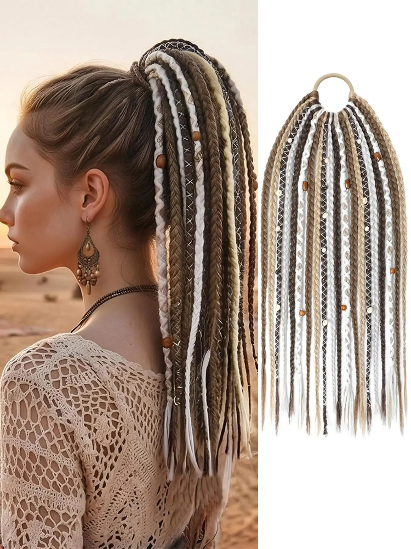Boho Braided Ponytail Extension 16 Inch with Beads Shells, Hair Extensions Lightweight Dreadlock Viking Hair Accessory for Women Girls Festival Party Daily Wear