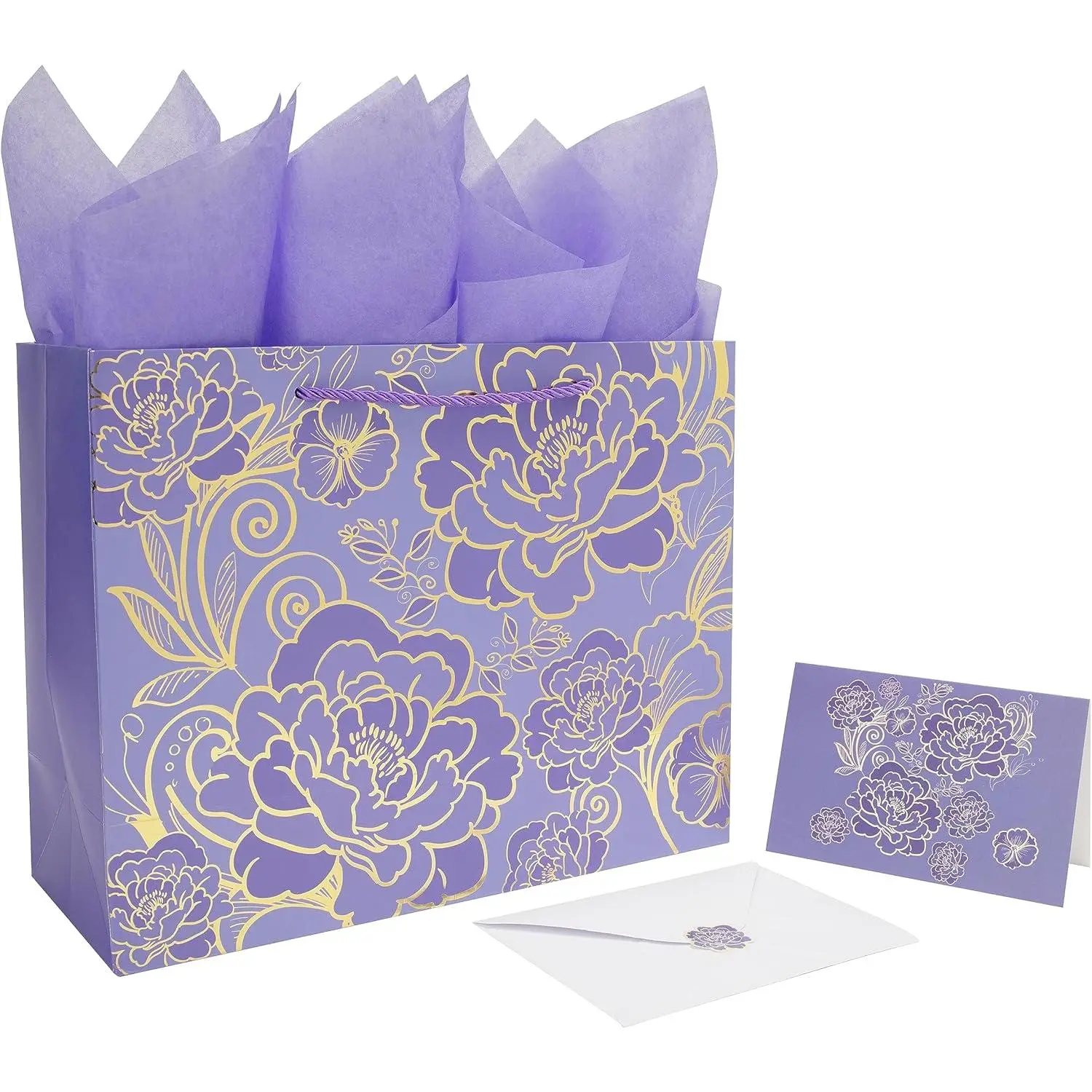 High-Quality Floral 13-Inch (13"w x 10.2"h x 5.1"d) Rose Purple Gift Bag 1 Set with Greeting Card, Tissue Paper, Gilded Lines, Envelope for Women - Festive Party Supplies for Valentine's Day, Birthday