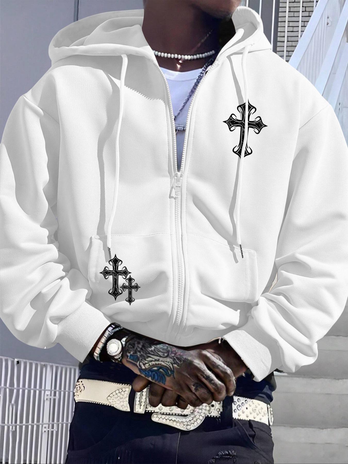 Men's Cross Print Drop Shoulder Zip Up Hoodie, Gothic Rock Hoodie, Fashion Casual Regular Fit Drawstring Pocket Hooded Sweatshirt for Daily Holiday Outdoor Wear, Men Clothes for Fall & Winter