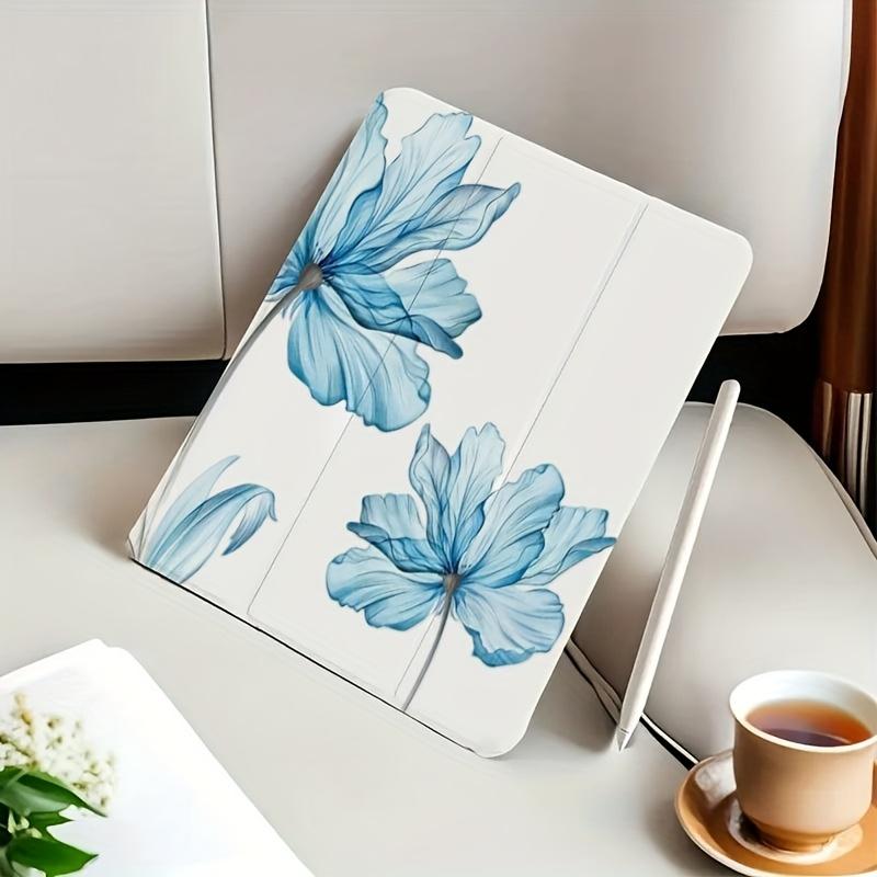 Light blue floral pattern, with adjustable stand and pen slot, foldable non-slip TPU protective case, suitable for iPad mini, iPad Air, iPad Pro/iPad 10th generation, 11th generation and other series iPad protective cases