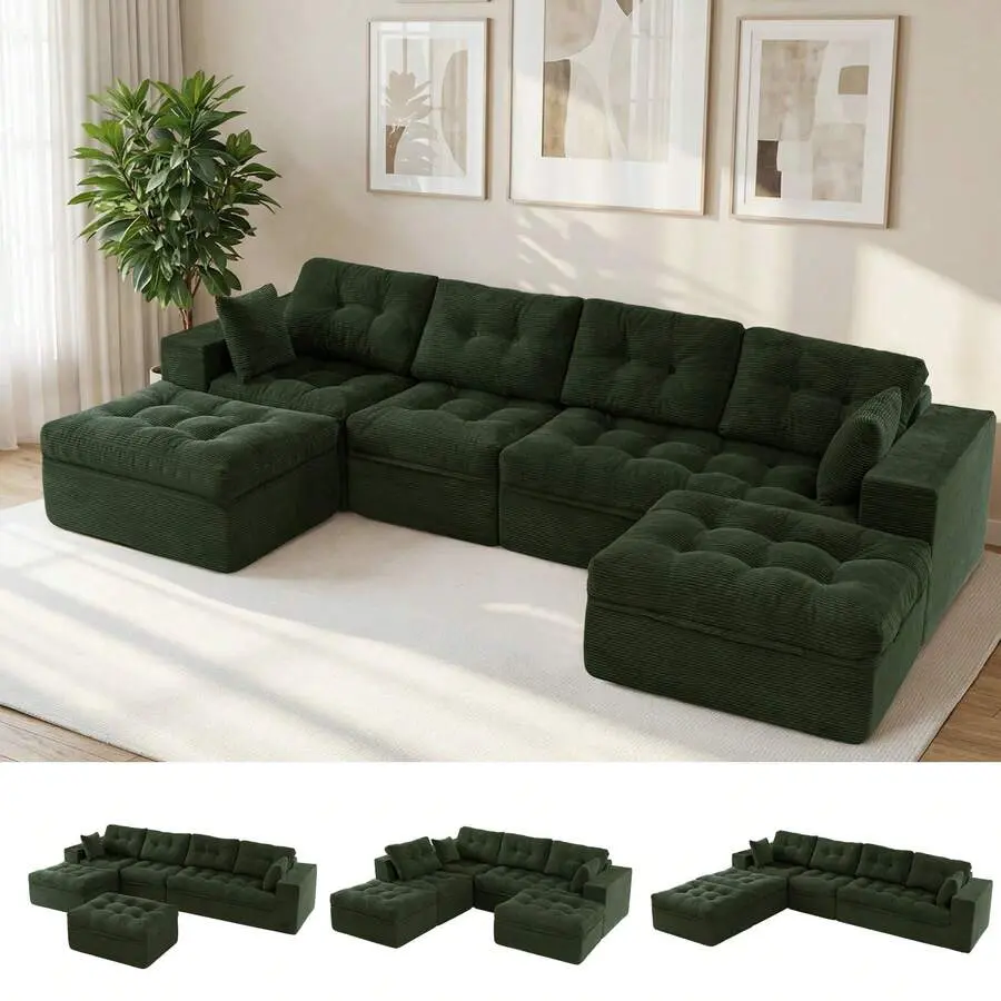 L-Shaped Modular Sofa With Convertible Left/Right Ottoman,Cloud-Textured Tufted Cushions,Four Combinations,Sofa In A Box,No Assembly Required