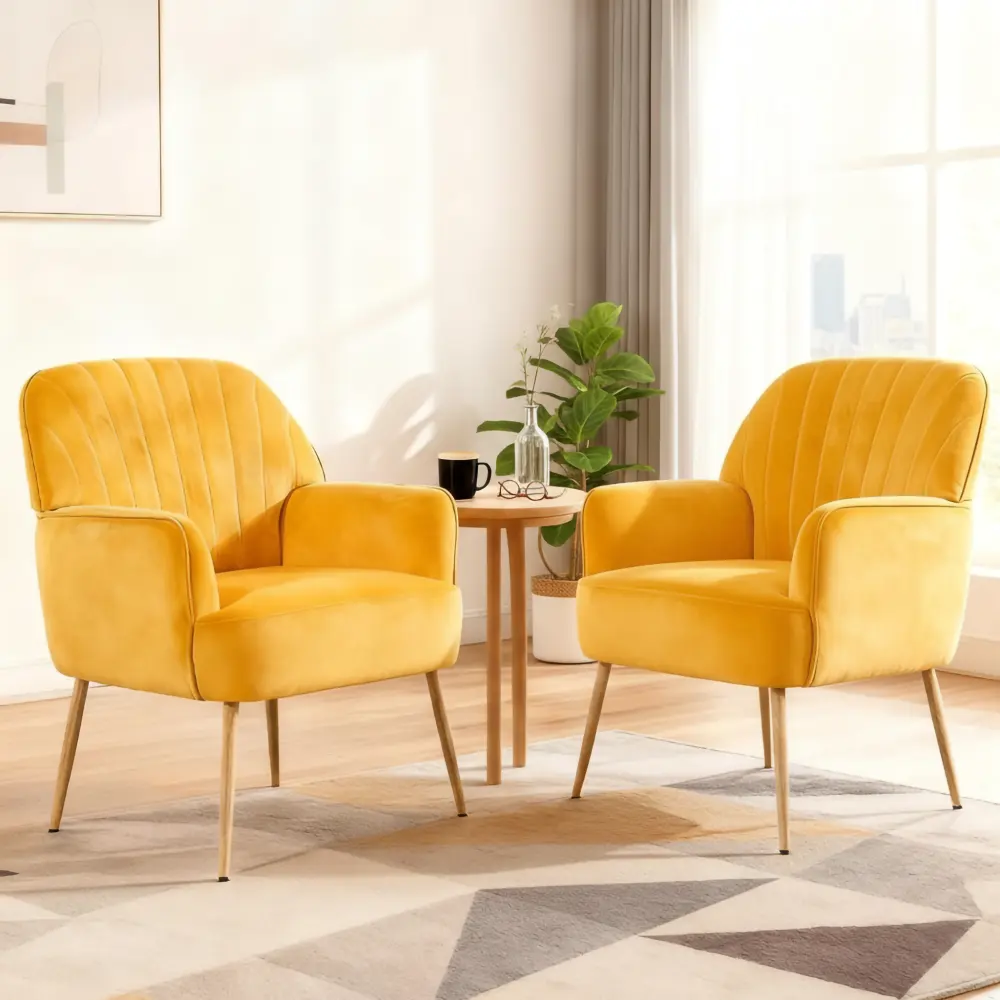 Yellow Velvet Accent Chair, Modern Upholstered Barrel Chair with Metal Legs, Luxury Single Sofa Armchair, Comfy Lounge Chair for Living Room, Bedroom, Office, Waiting Room, Cafe, Vanity Room, Elegant Tufted Leisure Chair, Contemporary Home Furniture