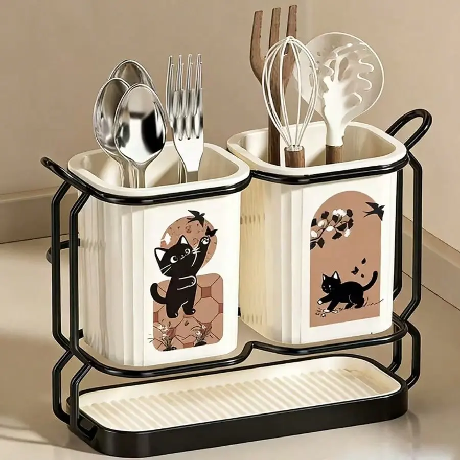 1pc Carbon Steel Kitchen Utensil And Knife Holder, With 2 Utensil Buckets, 2-In-1 Countertop And Wall-Mounted Storage Rack, Detachable Drip Tray, Cute Cat Pattern Design, Durable, Perfect For Storing Knives, Chopsticks, Spoons, Forks, Cooking Tools