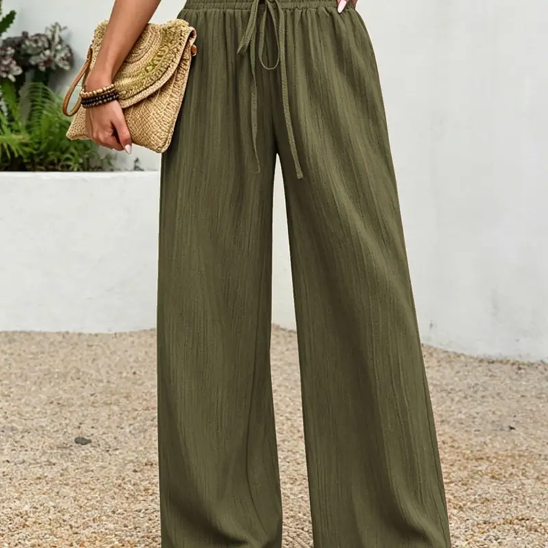 Autumn High-Waisted Wide-Leg Women's Pants, Textured Loose Beach Casual Long Pants, Comfortable and Relaxed, Suitable for Daily Wear, Bottoms
