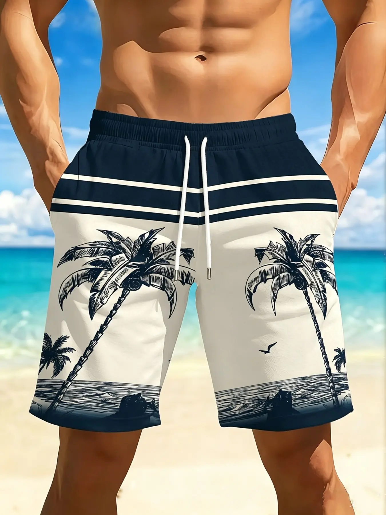 Striped Coconut Palm Ocean Scene Beach Shorts, Men White Drawstring Swim Trunks, Tropical Seaside Plant Print Loose Boardshorts, Quick Dry Lightweight Summer Vacation Casual Shorts, Swimwear Shorts