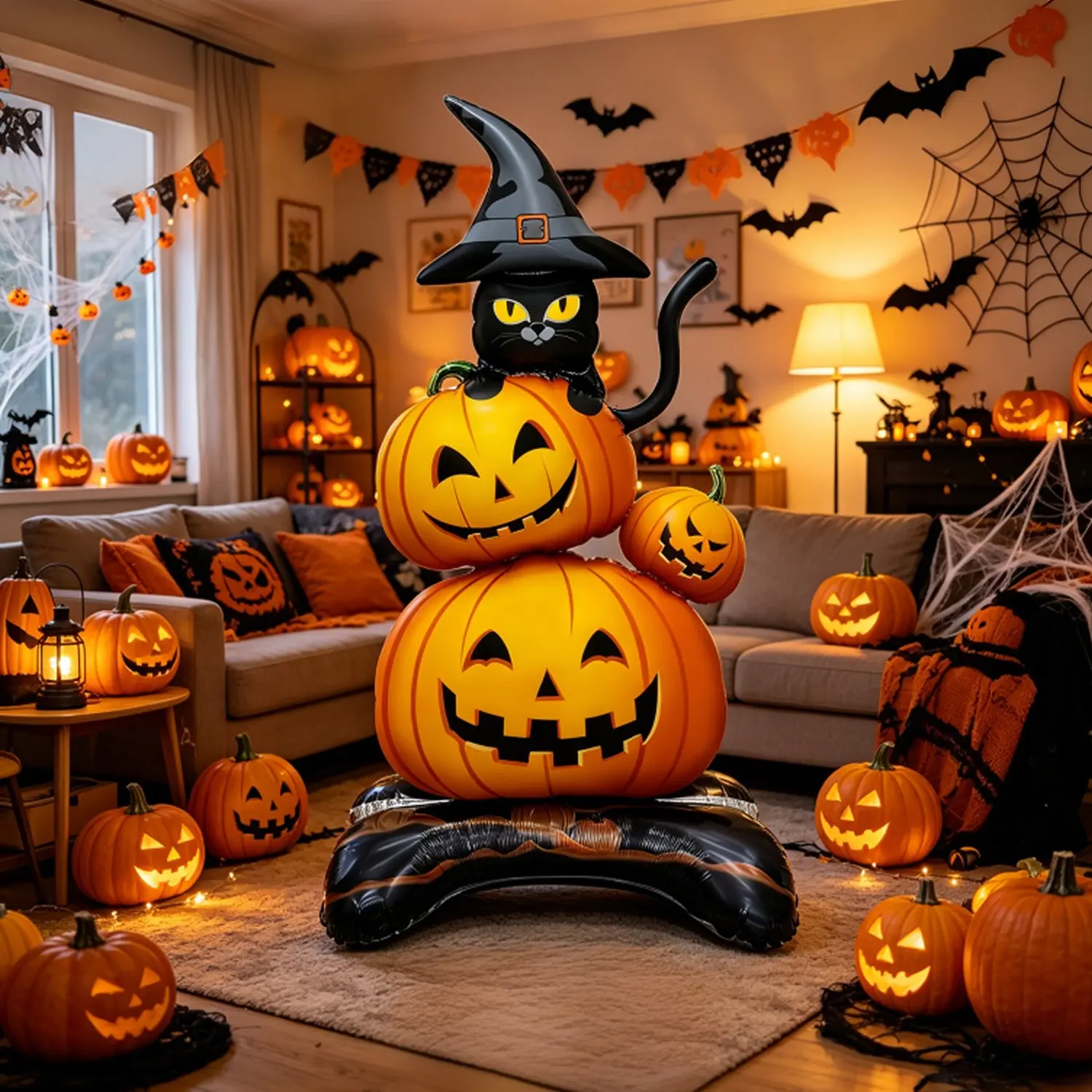 Halloween Pumpkin Stack Balloon Set, Giant Standing Balloons, Cat Witch Hat Design, Party Decor, Indoor Outdoor Decoration