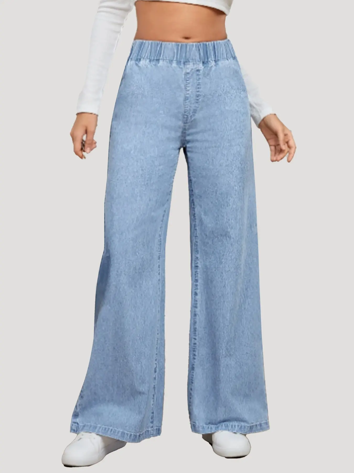 Women's Casual Wide Leg Loose Fit Light Wash Denim Jeans Pants Bottoms, Elastic Waist, Solid Blue, All Seasons, Perfect for Parties, Concerts, Holidays
