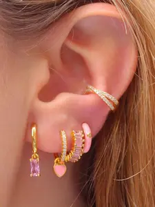 5Pcs Lovely 24K Gold Plated Cubic Zirconia Enamel Hoop Earrings Set For Women Pink Zircon Stud Earrings Pack Heart Drop Dangle Earrings Stack