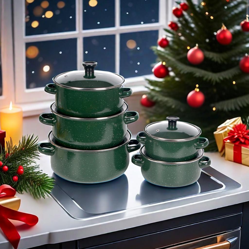 Enamel Pot Set, 5 Counts/set Multifunctional Stockpot with Lid & Handle, Stackable Pots, Ideal Cooking Tool for Home Kitchen Dining Room Barbecue