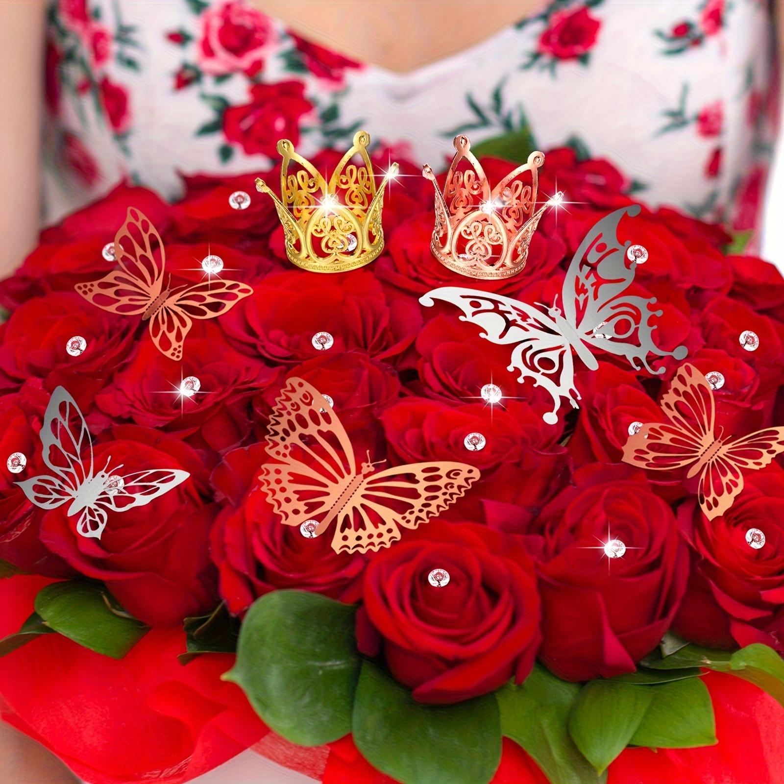 For Weddings, Birthdays & Anniversaries, Bouquet & Cake Decoration Complete Solution, 3 Color Crown Butterfly Bouquet Accessories, Complete with Crowns Butterflies Pins, Effortlessly Handle Holiday Decoration Setting, 152 Pack