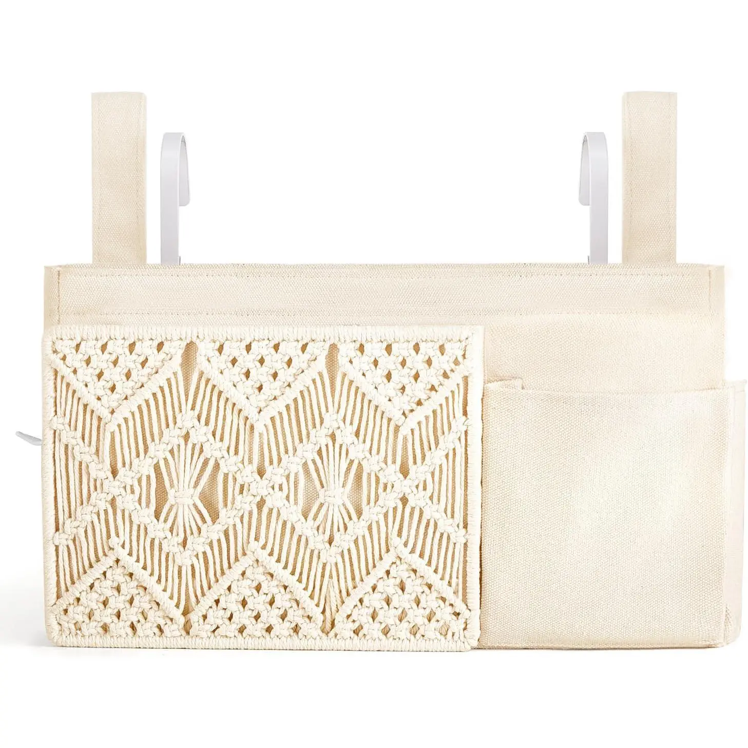 Bedside Caddy Hanging Organizer, Boho Macrame Storage with Fixed Straps and Hooks, 4 Pockets Holder Remote Magazine Accessories for Home Loft Bunk Bed, Dorm, Hospital Beds
