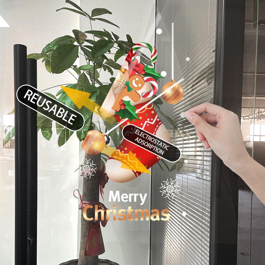 1 Piece of 45*60cm Christmas Glass Sticker, Christmas Decorative Window Sticker, a Whole Sheet of Static Cling Film Composed of Christmas Stockings, Snowflakes, Candy Canes, Light Balls, Gingerbread Men, Christmas Party Holiday Decoration Supplies