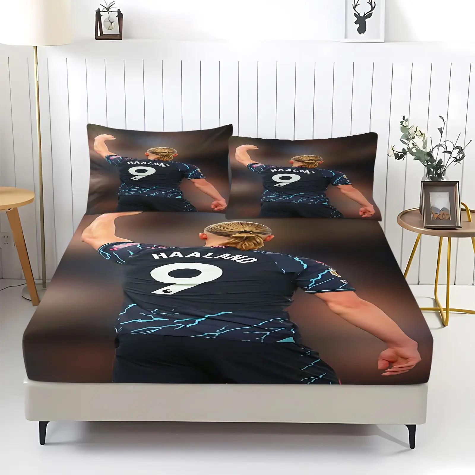 Football Stars Pattern Fitted Sheet Set, Breathable Sheet Set, 3Pcs Soccer Sports Themed Bedding Set, Teen Friendly Design, Teen Boy Bedroom Football Fan Cave Home Decor, All Season, 2 Pillowcase, No Filling