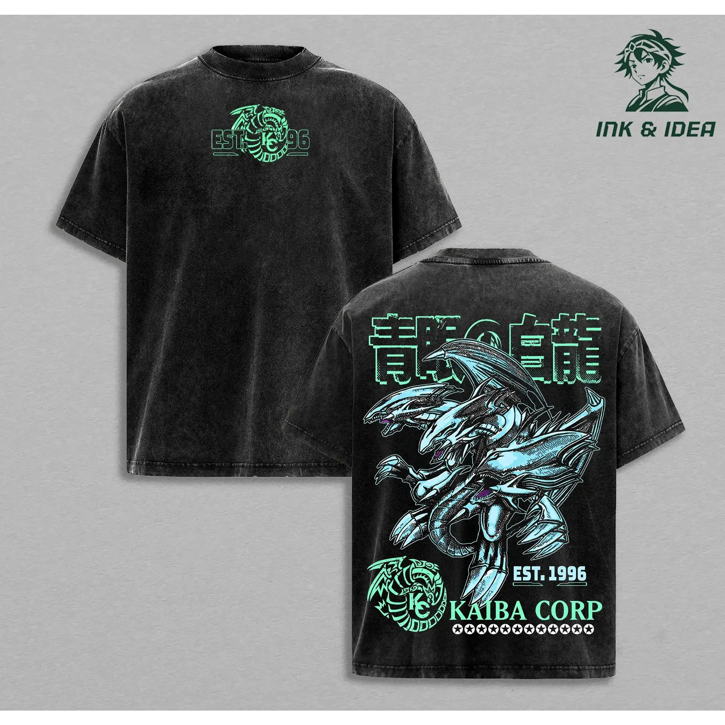 Men's Yu-Gi-Oh Blue Eyes White Dragon Oversized Graphic T-Shirt - Vintage Washed Heavy Cotton, Seamless Fit Round Neck, Kaiba Corp Casual All Seasons Short-Sleeve Menswear Apparel, White Dragon Men's Short-Sleeve T-Shirts