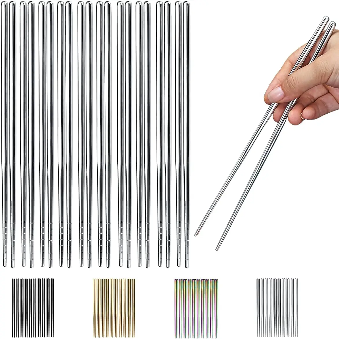 10 Pairs Reusable Stainless Steel Tableware Chopsticks, 8.9 Inch Japanese-Chinese-Korean Style, Dishwasher Safe Silver Chopsticks