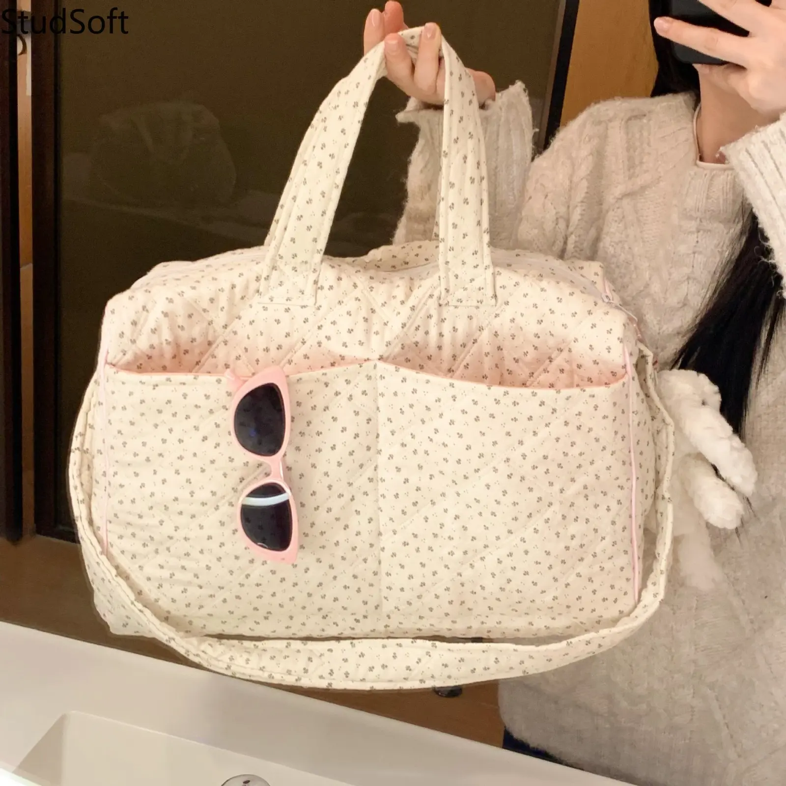 Quilted Diaper Bag Floral Cotton Duffle Bag Large Capacity Tote Maternity Hospital Bag Weekend Travel Overnight Luggage Gym Shoulder Pouch for Women,back to school,back to school haul