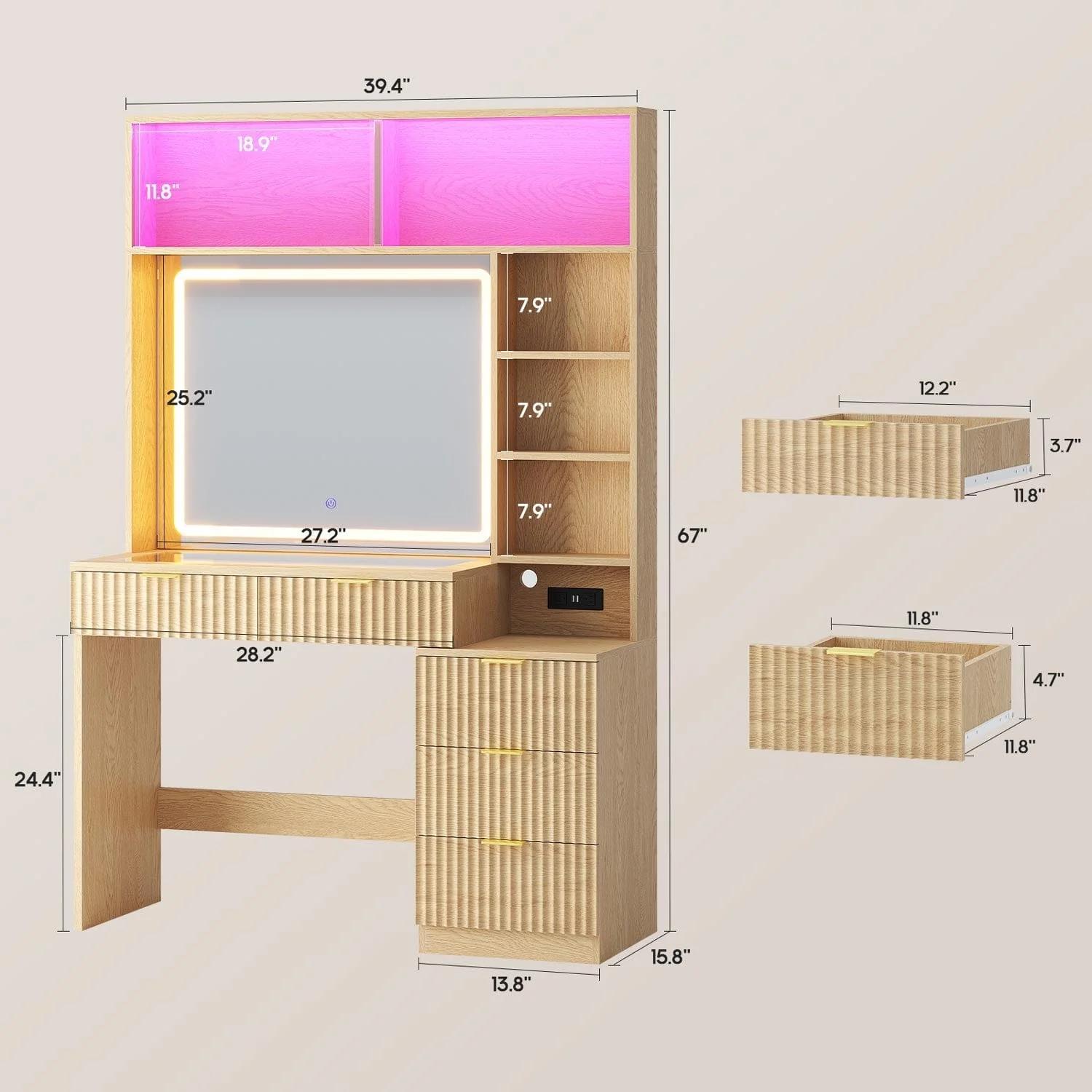 Fluted Makeup Vanity with Sync Music LED Lights and Glass Top Natural Oak
