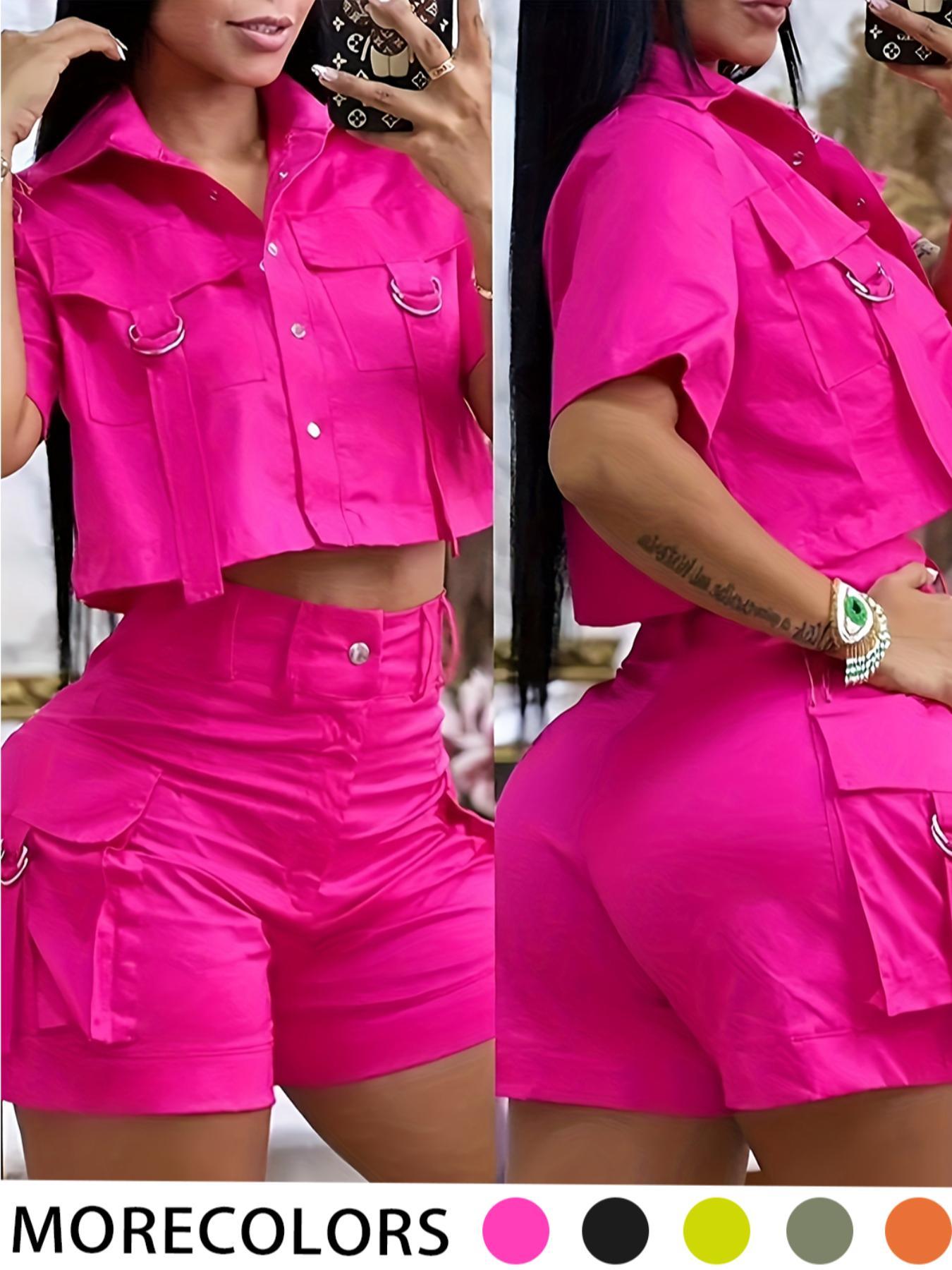 Two-piece Set Women's Solid Button Front Fitted Crop Top & Shorts Set, Casual Short Sleeve Collared Top & Shorts for Summer, Ladies Clothes for Daily Wear, Cute Summer Outfit