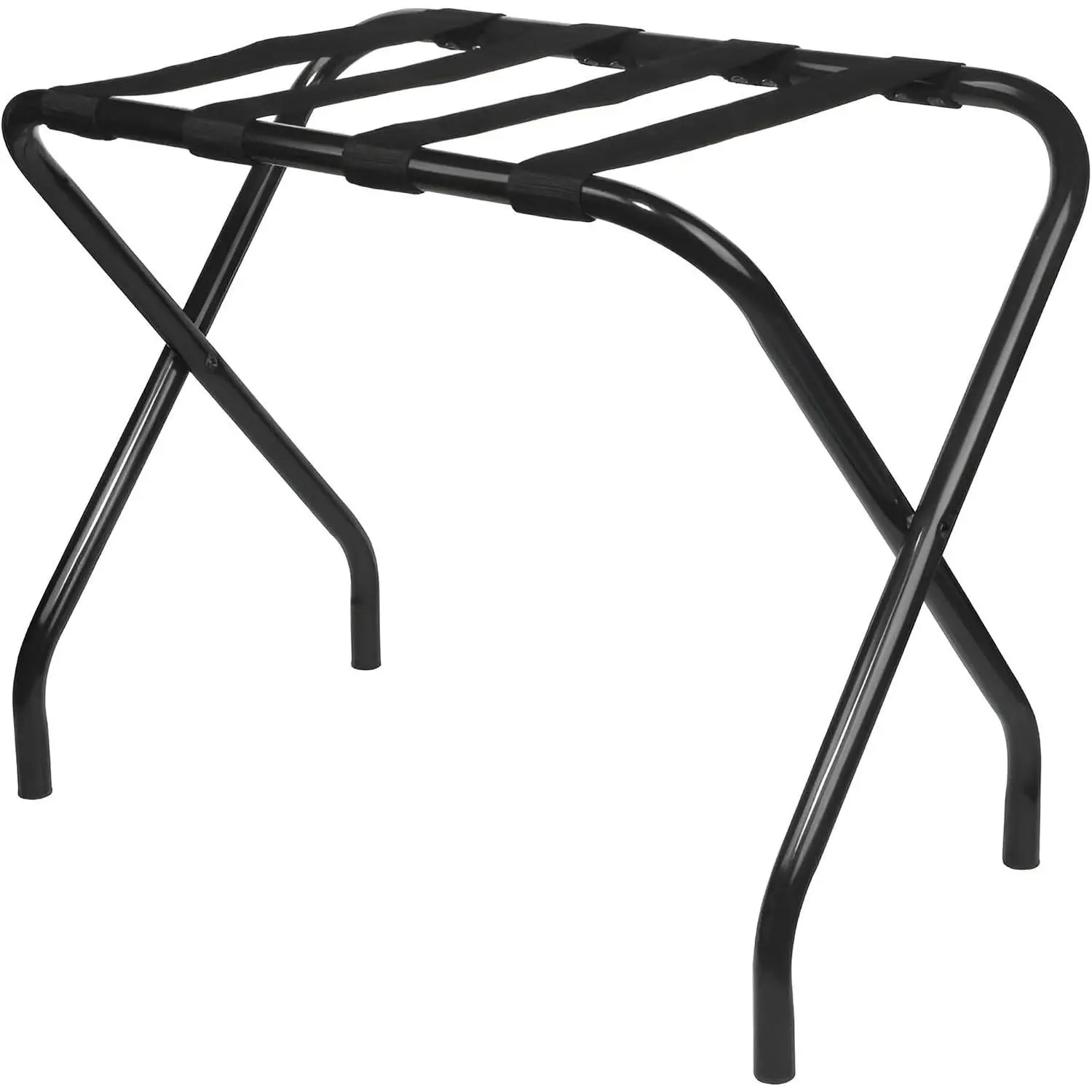 Black Metal Foldable Luggage Rack Stand with Nylon Belts for Hotel Guest Room Bedroom Storage