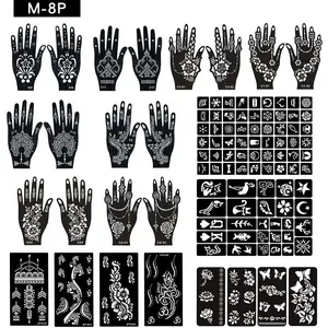Reusable Mehndi Henna Tattoo Stencils, Full Palm Hand Size Temporary Tattoo Templates, Floral Mandala Butterfly Pattern Body Art Sticker for DIY Henna Painting