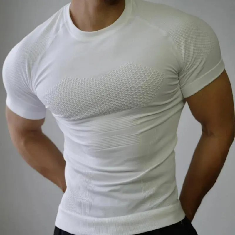 Men's Seamless Compression T-Shirt, Quick-Dry Ribbed Slim Fit Workout Top with Breathable Mesh Panel for Gym & Running, Compression Shirts, Men's Compression Shirts