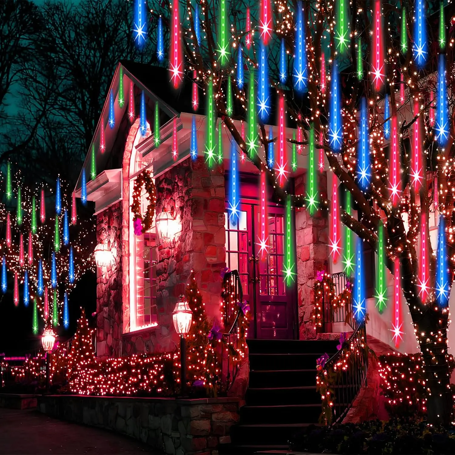 Christmas Lights Outdoor Tree Cascading Icicle Light UL Certified | 8 Tubes 192LED   Waterfall Meteor Shower Falling Lights for Xmas Decorations Wedding Party  Year (Multi Color)