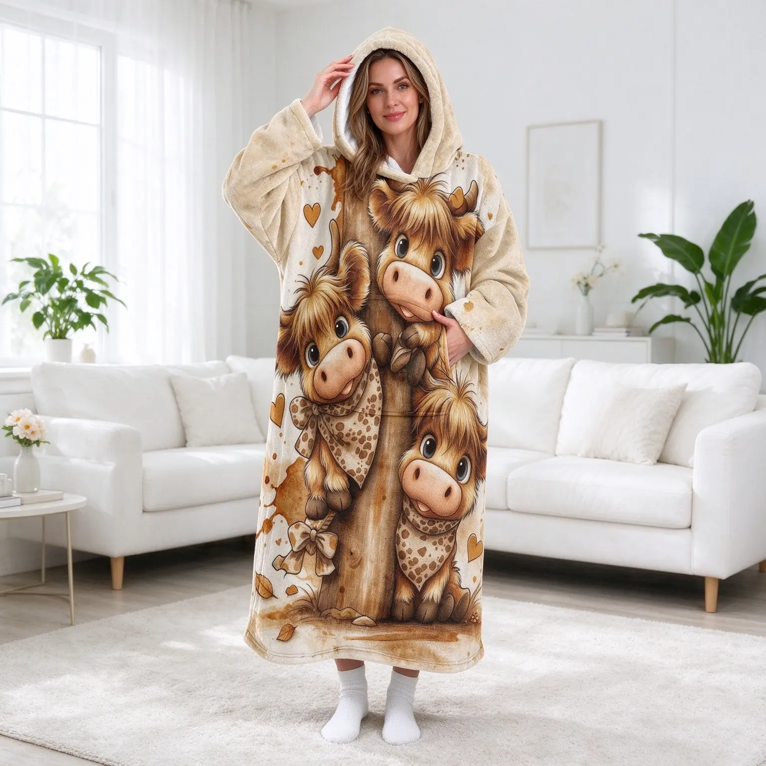 1pc Flannel Hooded Wearable Nap Blanket, Cartoon Cute Highland Cow Leopard Bandana Heart Vintage Distressed Print, Oversized Pocket Warm Robe Blanket Loungewear, Unisex, Heartwarming Holiday Gift for Wife, Mom, Bestie