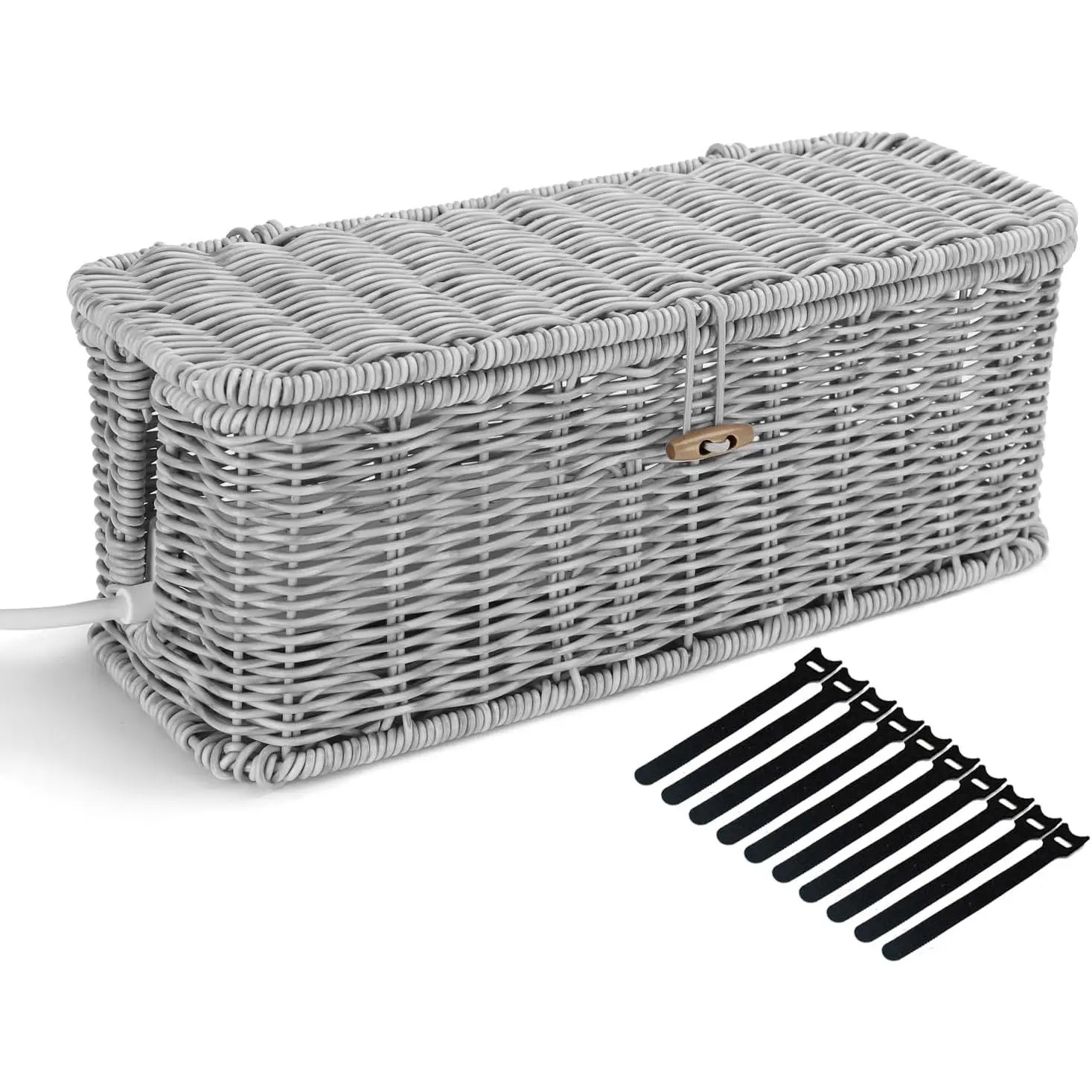 Management Box, Desk Handwoven Rattan Cord Hider  Organizer Box With Lid Button Lock, Power Strip Cover Wicker Decorative Basket, Floor Wire Hiding Extension Cord Box (grey)