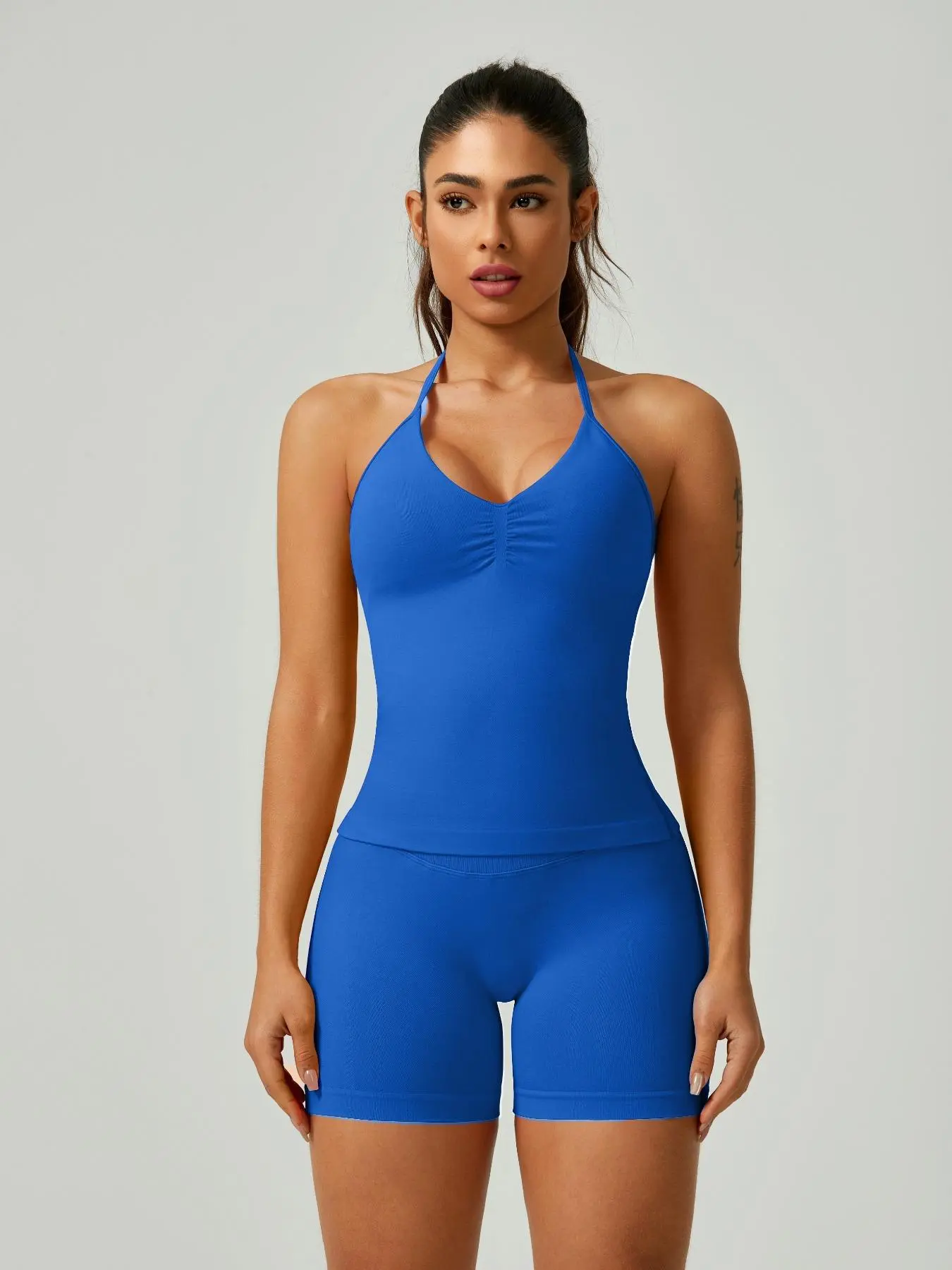 Women's Solid Ruched Design Backless Halter Top & High Waist Shorts Tracksuit Set, Exercise Clothing Set, Breathable Comfortable Two-piece Outfits for Yoga Gym Workout Running