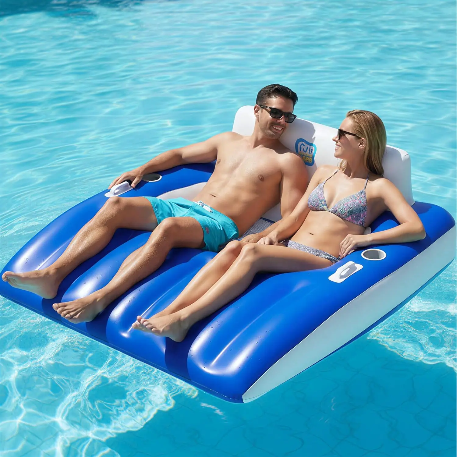 Inflatable Pool Lounge Floats Adult, Large Swimming Pool Sofa Floaties, Beach Tanning Recliner Floating Mesh Chair Cup Holder, Blow Up Lake River Floaty Tube Blue-Large X-Large