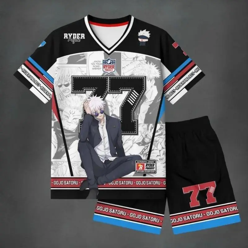 2026 New hot item Jujutsu Kaisen Gojo #77 Jersey 2-Piece Set Men's Anime Manga Style Short Sleeve Tee and Shorts Casual Streetwear
