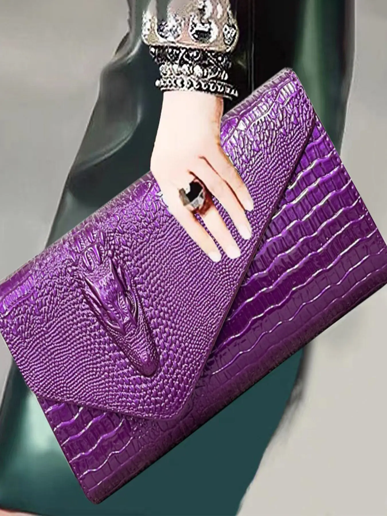 Women's Elegant Crocodile Embossed Oversized Clutch, Fashionable Solid Color Envelope Clutch, Casual Trendy Versatile High-quality Daily Commuting Bag