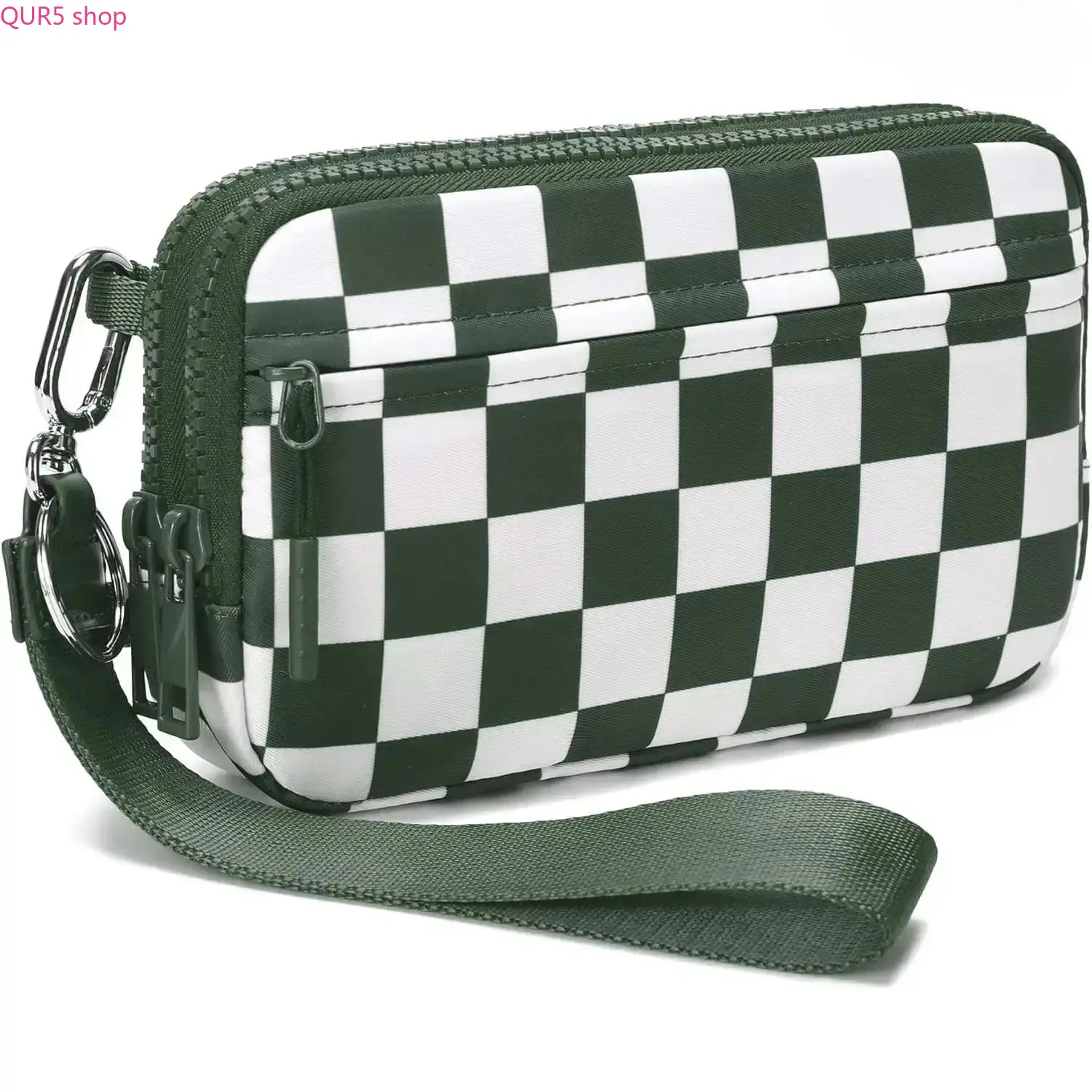 Women Minimalist Nylon Quilted 4-Zipper Wristlet Purse, Multi-Purpose Travel Organizer Convertible Chest Sling Bag With Adjustable Checkered Strap For Phone & Cards