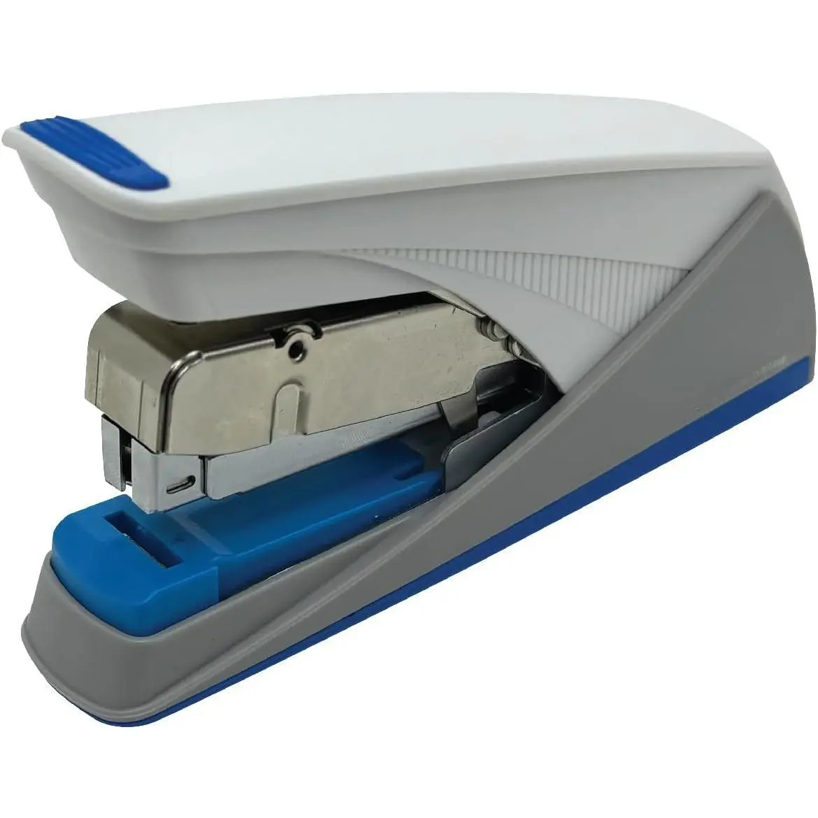Easy-Flat Stapler Effortlessly Staple 20-25 Sheets with 50% Less Force Features Flat Clinch tech, Anti-Slip Base & Custom Logo Option Durable Steel/ABS Design(Blue and White)