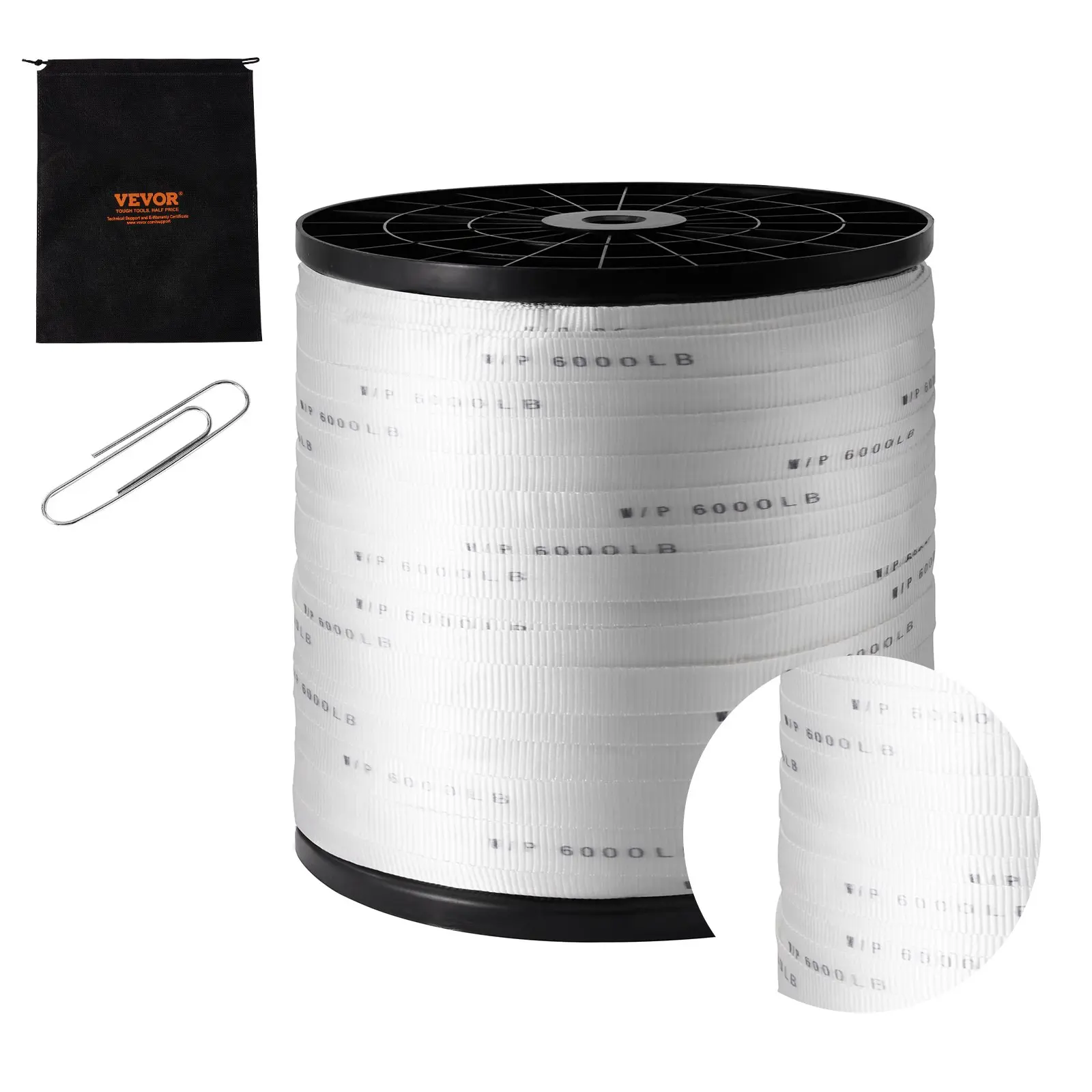 VEVOR Polyester Pull Tape, 1"x 2103' Mule Tape Flat Rope, 6000 lbf Tensile Capacity, Printed Webbing Cable Pulling Tape for Packaging, Gardening, Commercial Electrical, Conduit Work, White