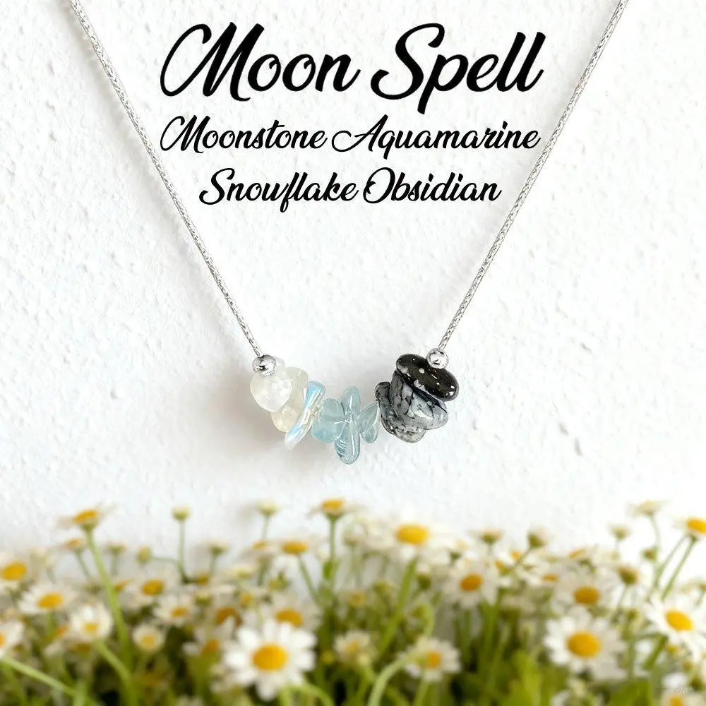 Moon Spell Gemstone Necklace,Chain With Moonstone Aquamarine Snowflake Obsidian