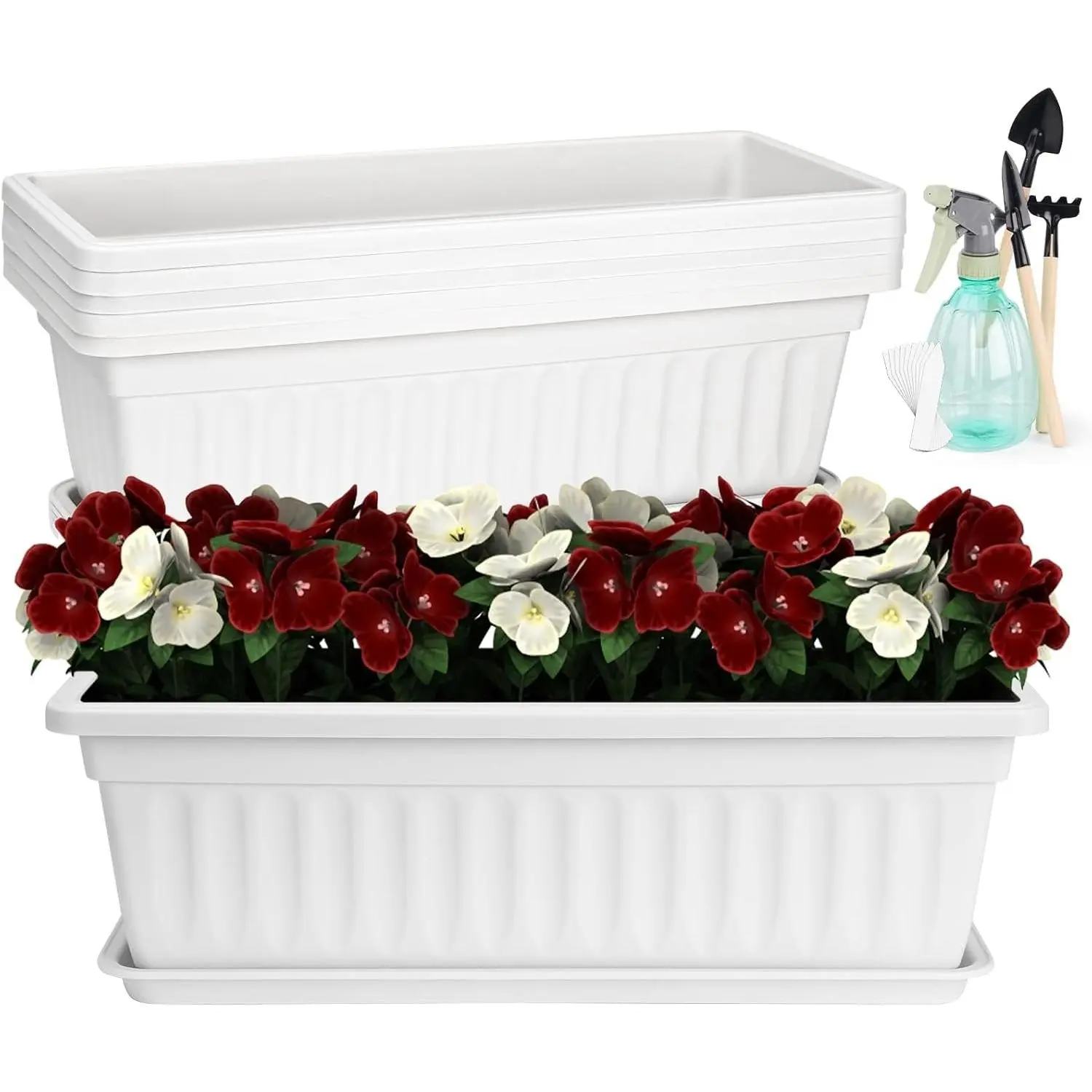 6-Piece 17 in Rectangular Plastic Window Box Planter Set Pack with Saucers, White Sturdy Indoor-Outdoor Pots for Windowsill, Patio Gardening Needs