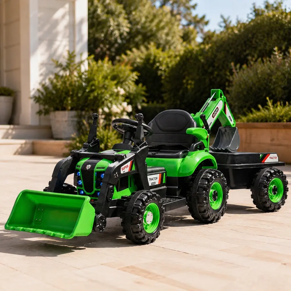 24V Kids Electric Ride-On Tractor Toy, 4-in-1 Construction Attachments (Excavator, Dump Truck, Bulldozer), 3-Speed Adjustment, 80W*2 Motor, 66.14lbs Weight, Advanced Remote System, Built-in Music Player, LED Tail-Lights, Outdoor Play, Plastic, 5 Years And
