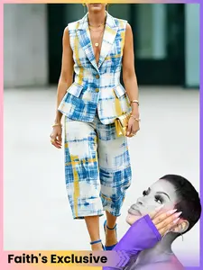 【Faith's Exclusive】Women's Casual Two-Piece Set, Urban Leisure Random Print Notch Lapel Button Vest Top and Straight Leg Pants, Commuter Professional